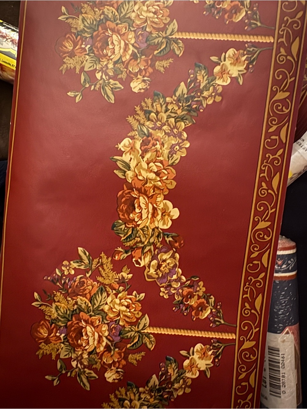 Burgundy Floral Wallpaper Panel with Gold and Cream Accents